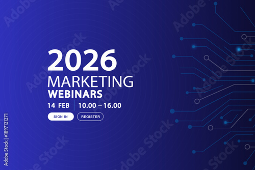 Digital technology conference background with circuit lines. Abstract blue banner for marketing webinars, tech summits, and business events with asymmetrical networking paths and copy space.