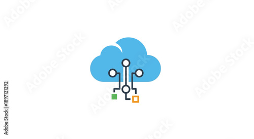 Blue cloud icon with integrated circuit board elements, symbolizing cloud computing, data storage, and digital technology on an isolated white background, conveying a connected and innovative mood