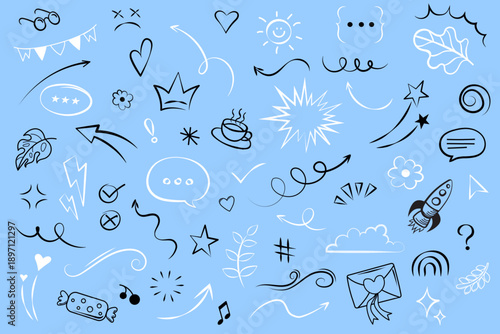 Hand drawn doodle element set with arrows, stars and icons. Cute sketchy symbols vector collection for social media posts, bullet journals, planners and creative decorations.