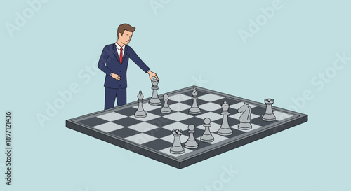 Strategic thinking in progress: a businessman plans moves during a chess game depicted in a digital illustration