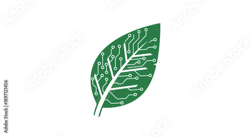 Green Technology and Eco-Friendly Circuit Board Leaf Logo on an Isolated White Background.