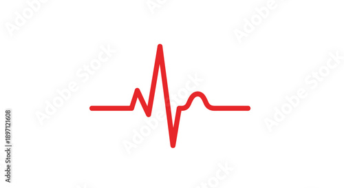 Minimalist Red Heartbeat Line, ECG EKG Medical Monitoring Symbol, isolated white background.