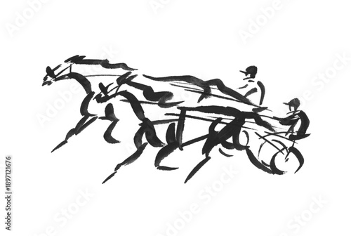 Bilde på lerret Two horses racing, silhouette drawings made with black paint, harness racing ill