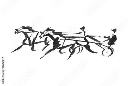 Schilderij op canvas Two horses racing, silhouette drawings made with black paint, harness racing ill