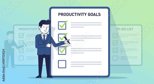 Digital illustration of a businessman reviewing productivity and to-do list charts emphasizing goal setting and task completion