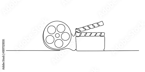 Continuous line drawing of film reel and clapperboard symbolizing cinema concepts Vector, illustration