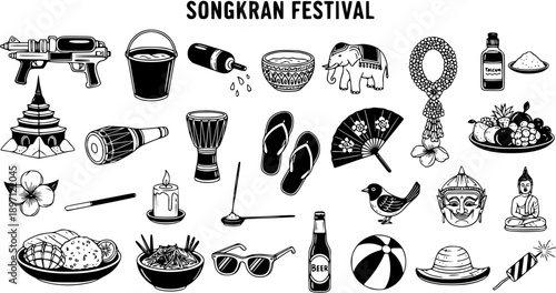 Songkran Festival Thai New Year Black and White Line Art Icons Set. Culture, Travel, and Celebration Elements Collection for Holiday Design.