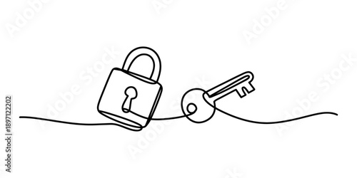 Continuous line drawing of a padlock and a key representing security and access Vector, illustration