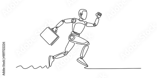 Continuous line drawing of a running humanoid figure with a briefcase Vector, illustration