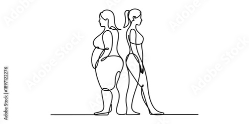 Continuous line art illustration contrasting slim and overweight female body types Vector, illustration