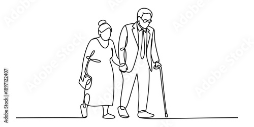 Elderly couple walking hand in hand in continuous line art style Vector, illustration