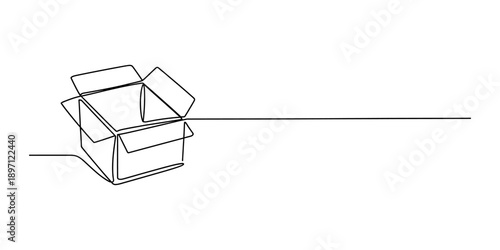 Continuous single line art drawing of an open cardboard delivery box on white background Vector, illustration