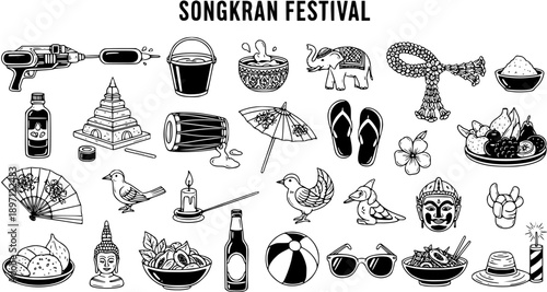 Songkran Festival Black and White Line Art Icons. Hand Drawn Thai New Year Celebration Elements, Culture Symbols, and Traditional Objects Collection.