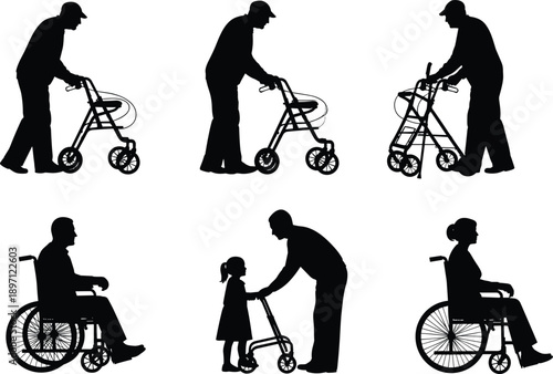 Mobility aid silhouette vector illustration featuring walkers and wheelchairs, inclusive