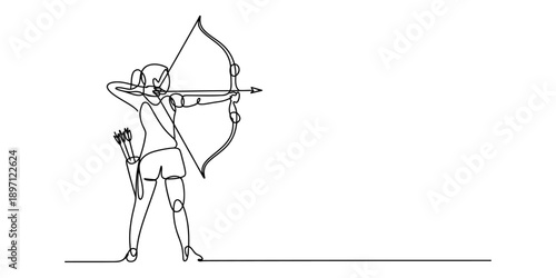 Continuous line drawing of an archer preparing to shoot an arrow Vector, illustration