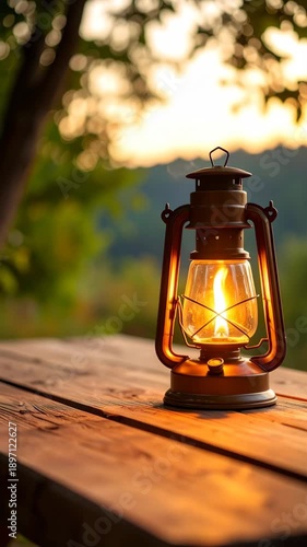 Lit oil lantern rests on a rustic wooden table at dusk with a soft blurred background of trees and sky
