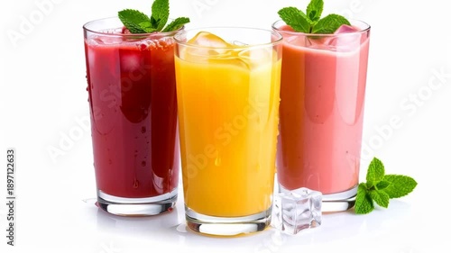Three refreshing fruit drinks with ice and mint leaves on a white background