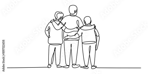 A minimalist single continuous line drawing capturing the essence of friendship and support between three people Vector, illustration