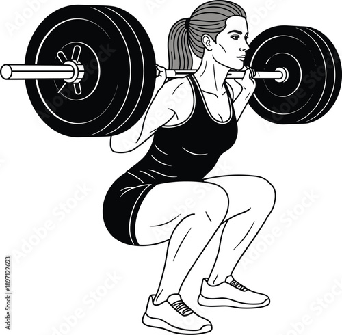 Strength training barbell squat vector illustration, athlete performing heavy weightlifting exercise, fitness silhouette design for gym, workout, bodybuilding, and athletic apparel branding projects