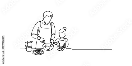 A father and daughter cooking together in the kitchen line drawing illustration Vector, illustration