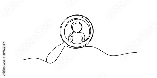 Continuous line drawing of a magnifying glass focusing on a person silhouette, concept of search and recruitment Vector, illustration