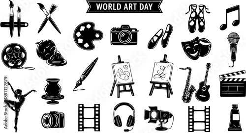 World Art Day Monochrome Glyph Icons Set for Creative Industries, Culture, and Entertainment Elements Collection