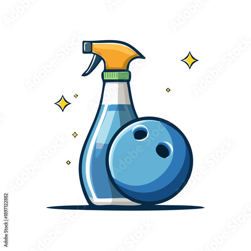 A blue spray bottle with a yellow nozzle and a bowling ball beside it, surrounded by sparkles.