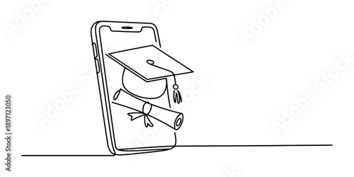 Smartphone showing graduation cap and diploma, representing online education and learning Vector, illustration