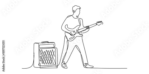 A continuous line art representation of a musician playing an electric guitar with an amplifier Vector, illustration