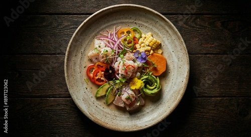 Overhead view of gourmet mexican ceviche plated artistically