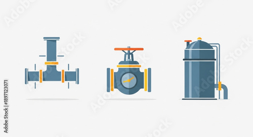 Industrial valves and storage tank illustration.