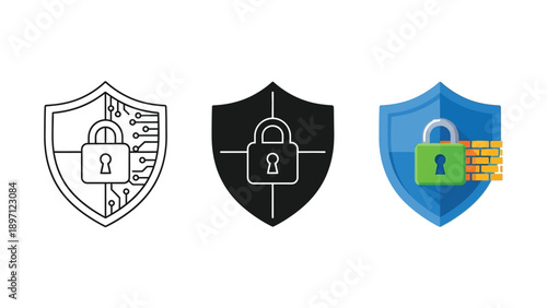 Set of three shield and padlock icons representing cybersecurity, data protection, and digital security concepts in outline, solid, and color styles