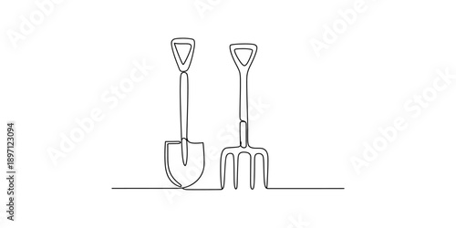 Continuous line drawing of a garden shovel and pitchfork on a white background Vector, illustration