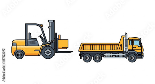 Yellow Forklift and Dump Truck Illustration.