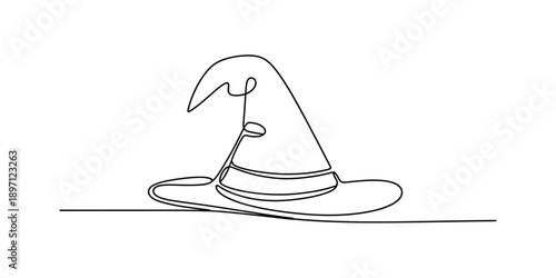 Continuous line drawing of a classic pointed witch hat, a symbol of magic and halloween isolated on white background, Vector, illustration