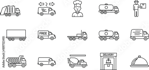 Delivery transport line icons set trucks vans logistics service shipping vector outline collection minimal symbols