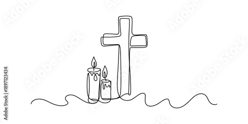 Minimalist continuous line drawing depicting a christian cross with two burning candles for religious themes. isolated on white background, Vector, illustration