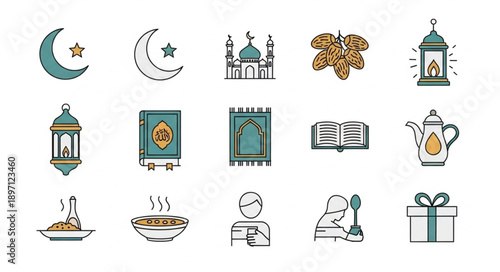 Islamic cultural icons set for Ramadan and Eid celebrations.