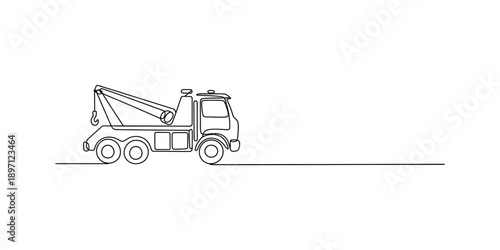 A continuous line art drawing of a tow truck vehicle on a white background isolated on white background, Vector, illustration