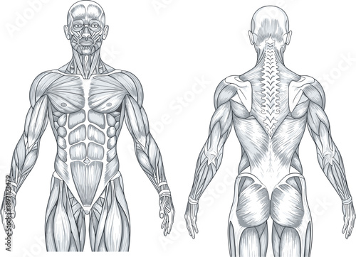 Detailed human muscular system anatomy front and back view medical illustration muscle groups map fitness training education isolated white background reference