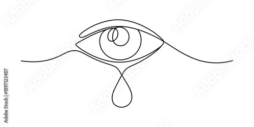 A minimalist single line drawing of an eye with a teardrop falling from it isolated on white background, Vector, illustration