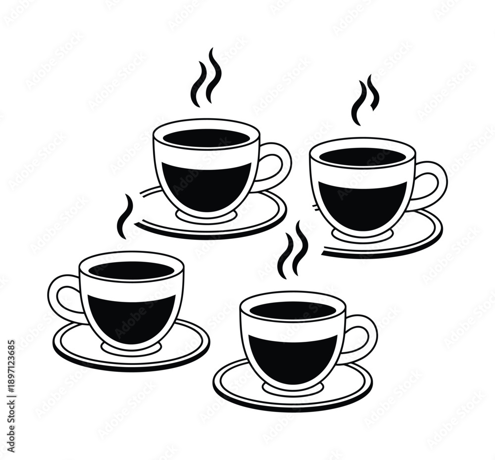Obraz premium Four Steaming Cups of Coffee on Saucers, Vector illustration Black and White