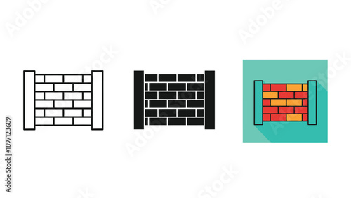 Set of three brick wall icons, outline, solid black, and color illustration