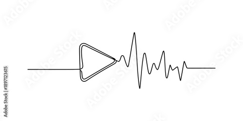 Continuous line drawing of a play button transforming into an audio waveform on a white background isolated on white background, Vector, illustration