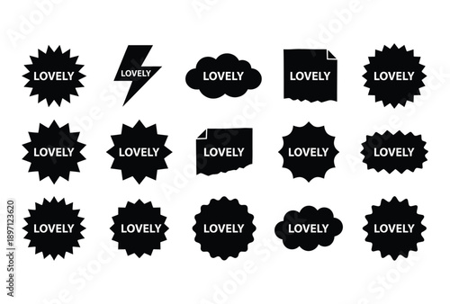 Fifteen black lovely label sticker vector shape design set isolated on transparent background