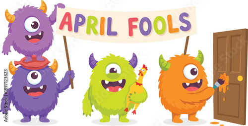 Cartoon Monsters Celebrating April Fools Day.