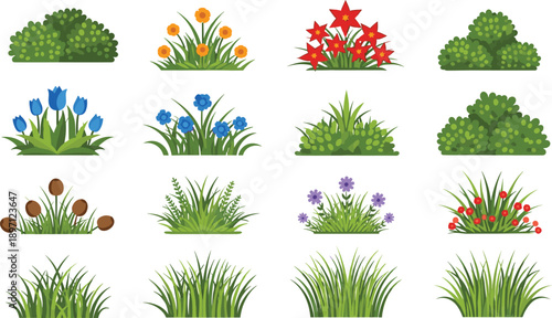 Garden plants flowers bushes grass flat vector collection nature greenery floral elements cartoon isolated landscaping decoration illustration set bundle