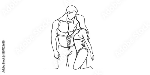 Continuous line art drawing of a romantic couple in an intimate embrace isolated on white background, Vector, illustration