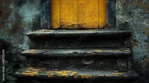 Weathered Wooden Steps Leading to a Distressed Yellow Door, Rustic Charm