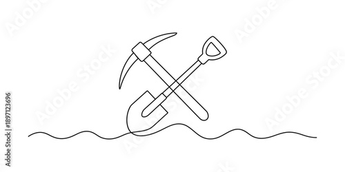 Single continuous line art featuring a pickaxe and shovel crossed for digging and construction concepts isolated on white background, Vector, illustration